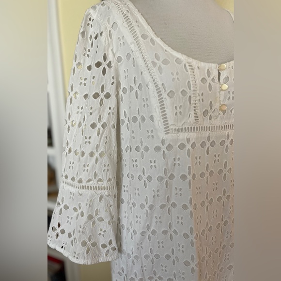 White Eyelet Coverup Dress Embroidered Cutout 3/4 Trumpet Sleeve Boho Shift 6 - Picture 6 of 8